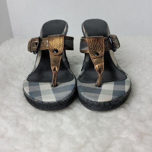 Burberry Womens Size 7.5 Metallic Bronze Leather Wedge Espadrille Thong - Picture 2 of 12